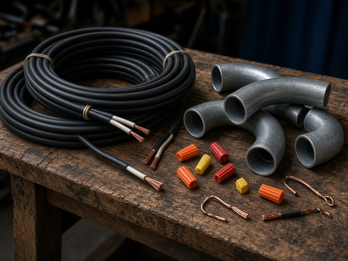 Copper conduit and wire pulls staged for a residential rough-in