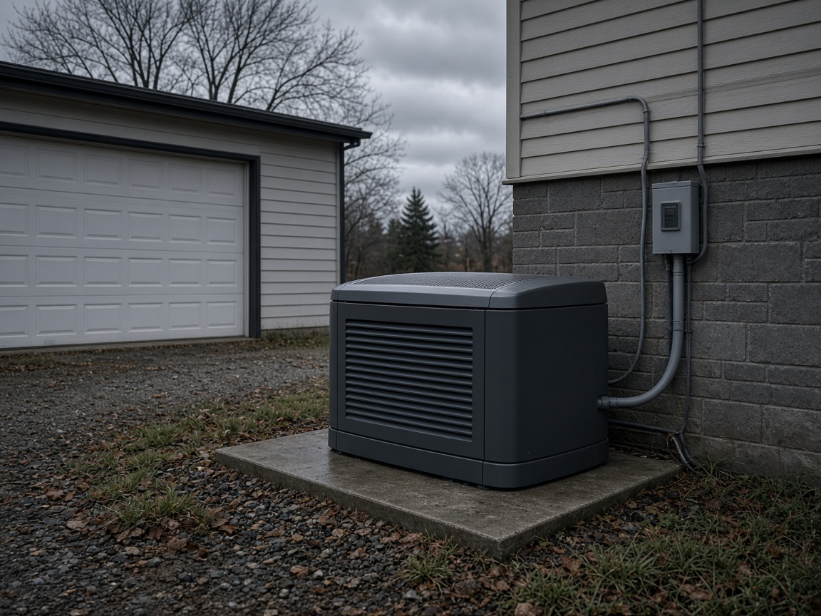 Whole-home generator pad install beside a Michigan garage