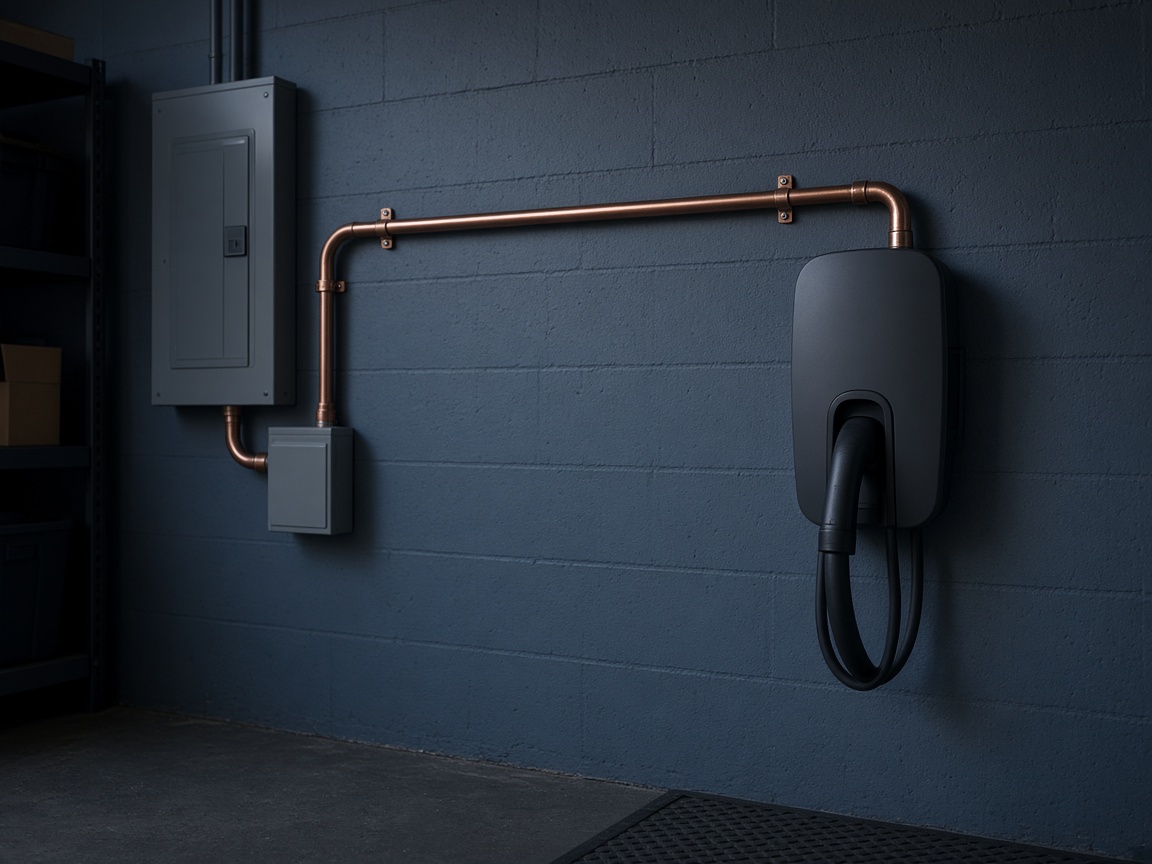 Wall-mounted EV charger with conduit run to the garage panel